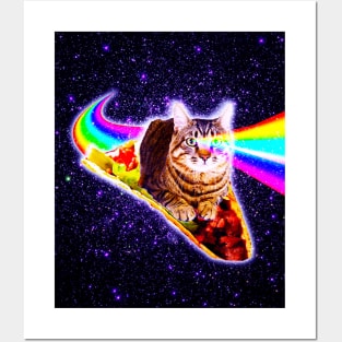 Rainbow Laser Eyes Galaxy Cat Riding Taco Posters and Art